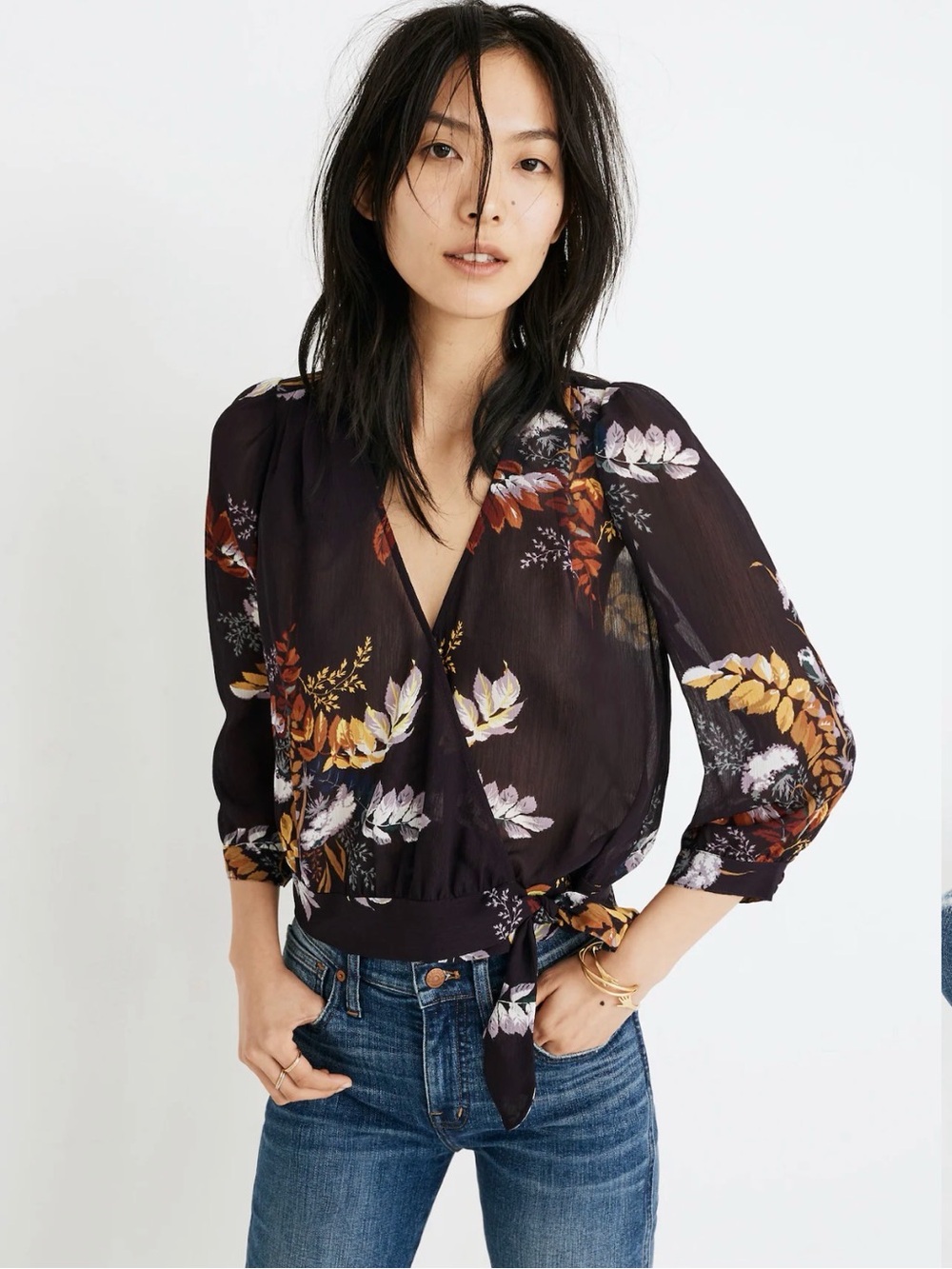 Madewell Wrap Top in Blooming Oasis in Harvest Dark Eggplant Size Small